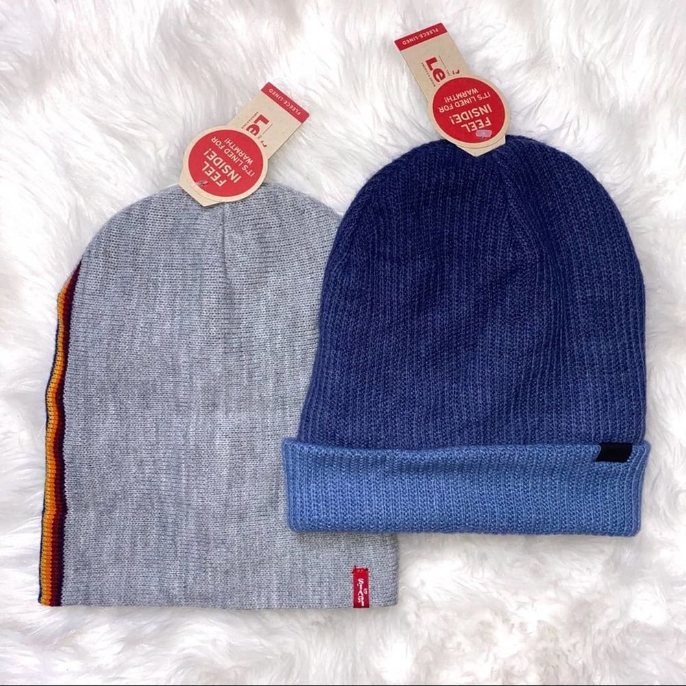 2 Levi’s Beanie Hat Men One Size Fleece Lined Stocking Hat NWT *